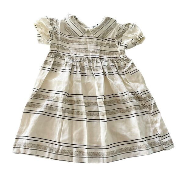 Donna Capozzi Kids 3T Dress Beige Woven Collared Baby Doll Dress Velvet Pinafore - Picture 4 of 14